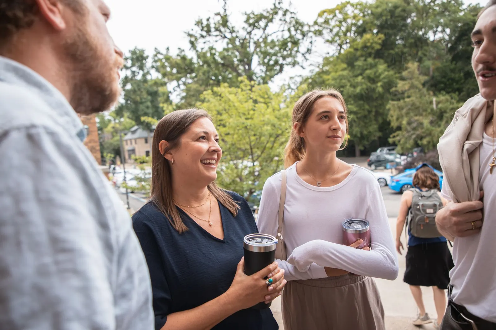 Friends gathering outside chapel