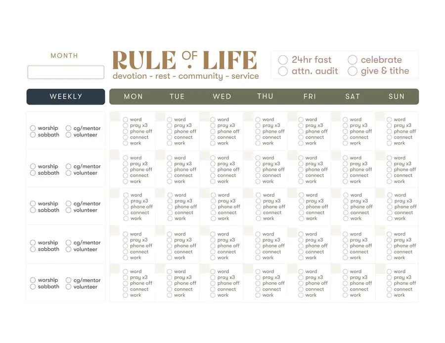 Rule of Life calendar
